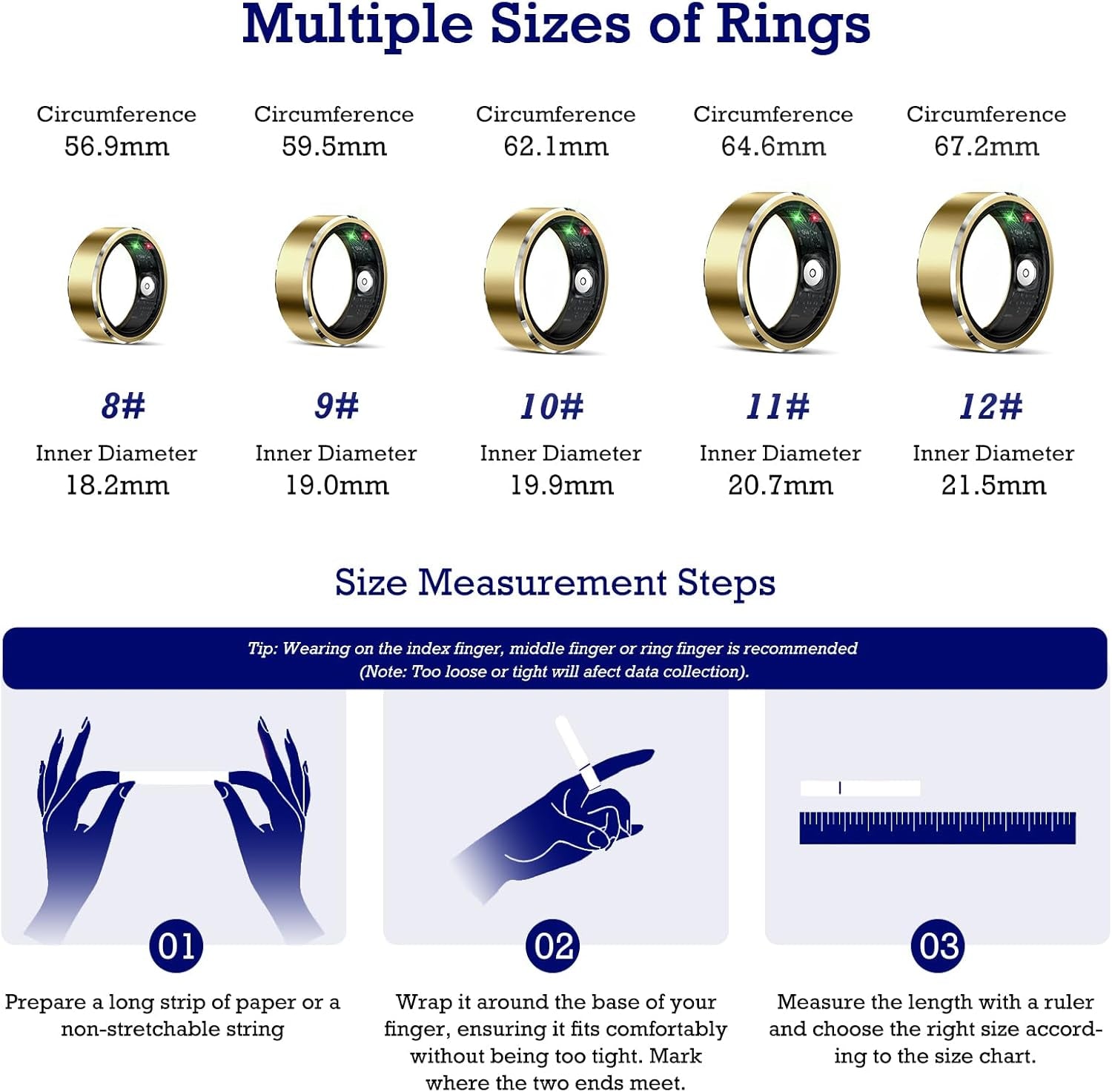 Smart Ring Health Tracker: Advanced Sleep and Activity Monitoring with Heart Rate, Waterproof Design, and Air Gesture Control in Light Gold (#12)